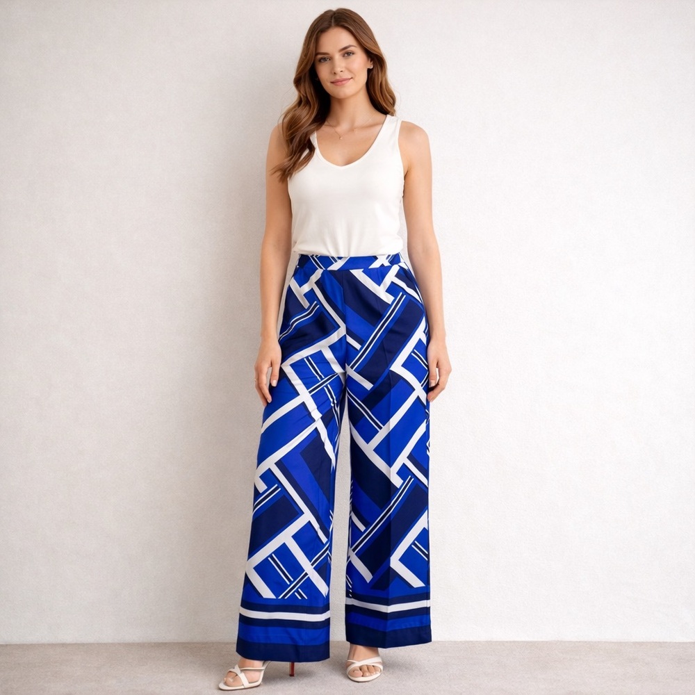 Zara Geometric Blue and White Wide-Leg Pants Size M
